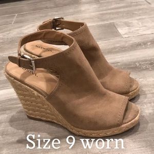 Taupe Peep wedges. Bought and tried on.